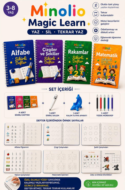 Minolio - Magic Learn Kabartmalı Sihirli Defter – 4 Adet + Sihirli Kalem Hediyeli