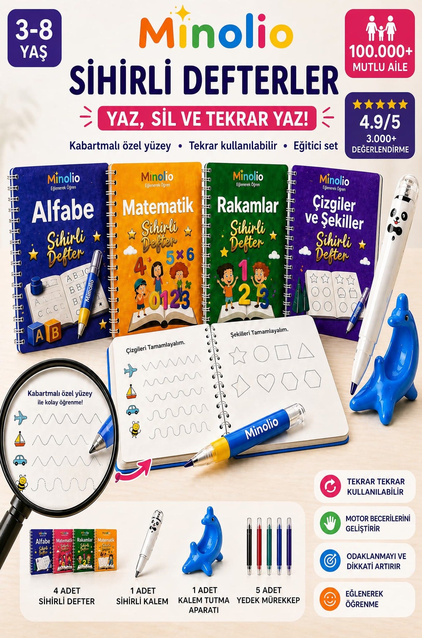 Minolio - Magic Learn Kabartmalı Sihirli Defter – 4 Adet + Sihirli Kalem Hediyeli