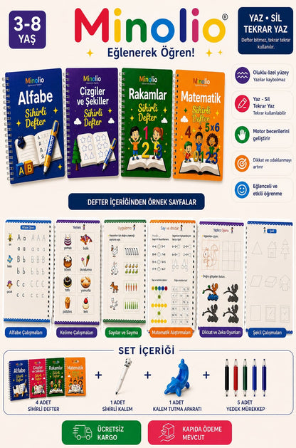 Minolio - Magic Learn Kabartmalı Sihirli Defter – 4 Adet + Sihirli Kalem Hediyeli